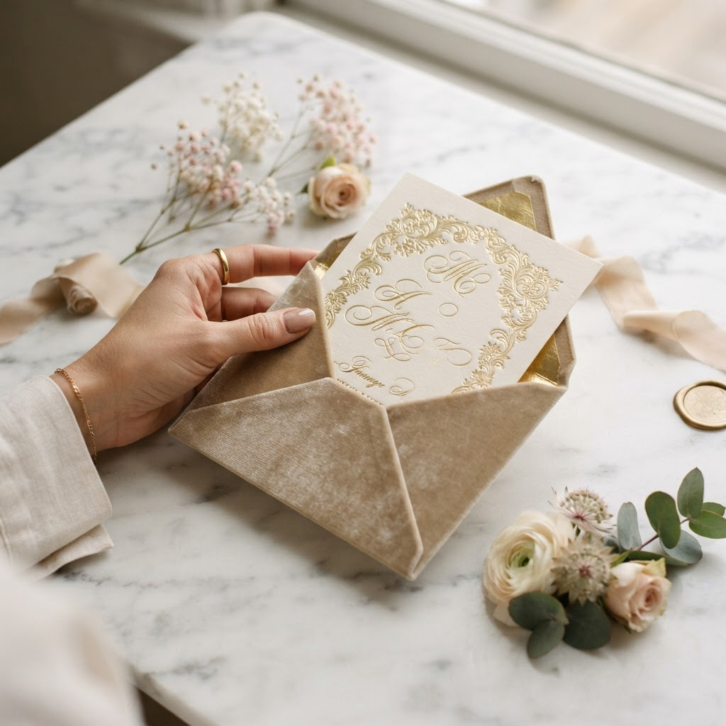 A luxurious embossed gold-foil invitation resting in a velvet envelope